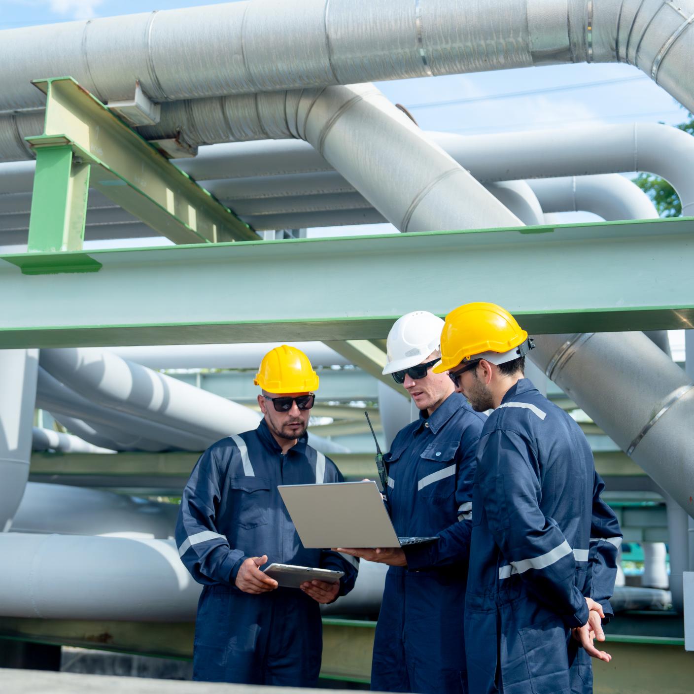 Engineer or factory technician worker team stand near petrochemical gas pipeline and use laptop to discuss about their work also look to each other.