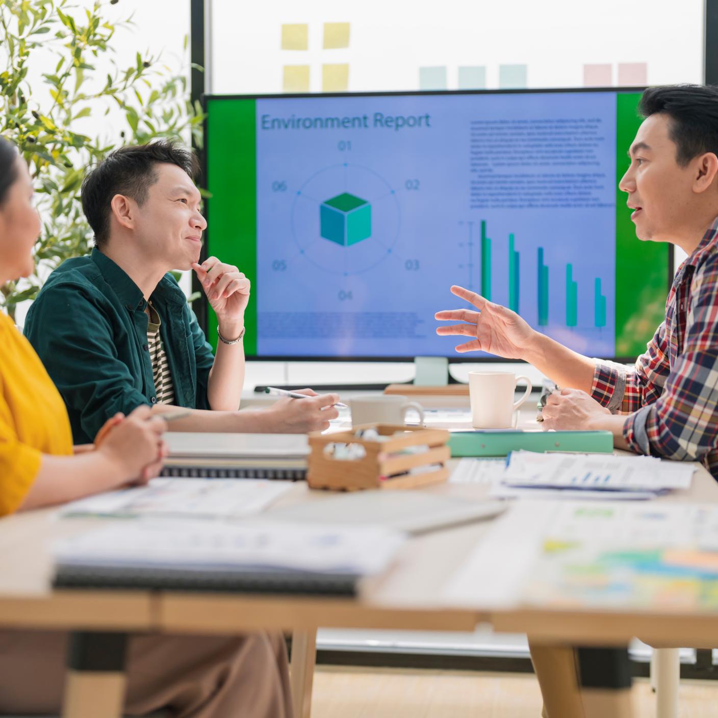 Ideas sharing for Business success. Business Development Teamwork start new project status meeting or decision to report ESG (environment,social,governance) for sdgs goals in a sustainable green office working discussion