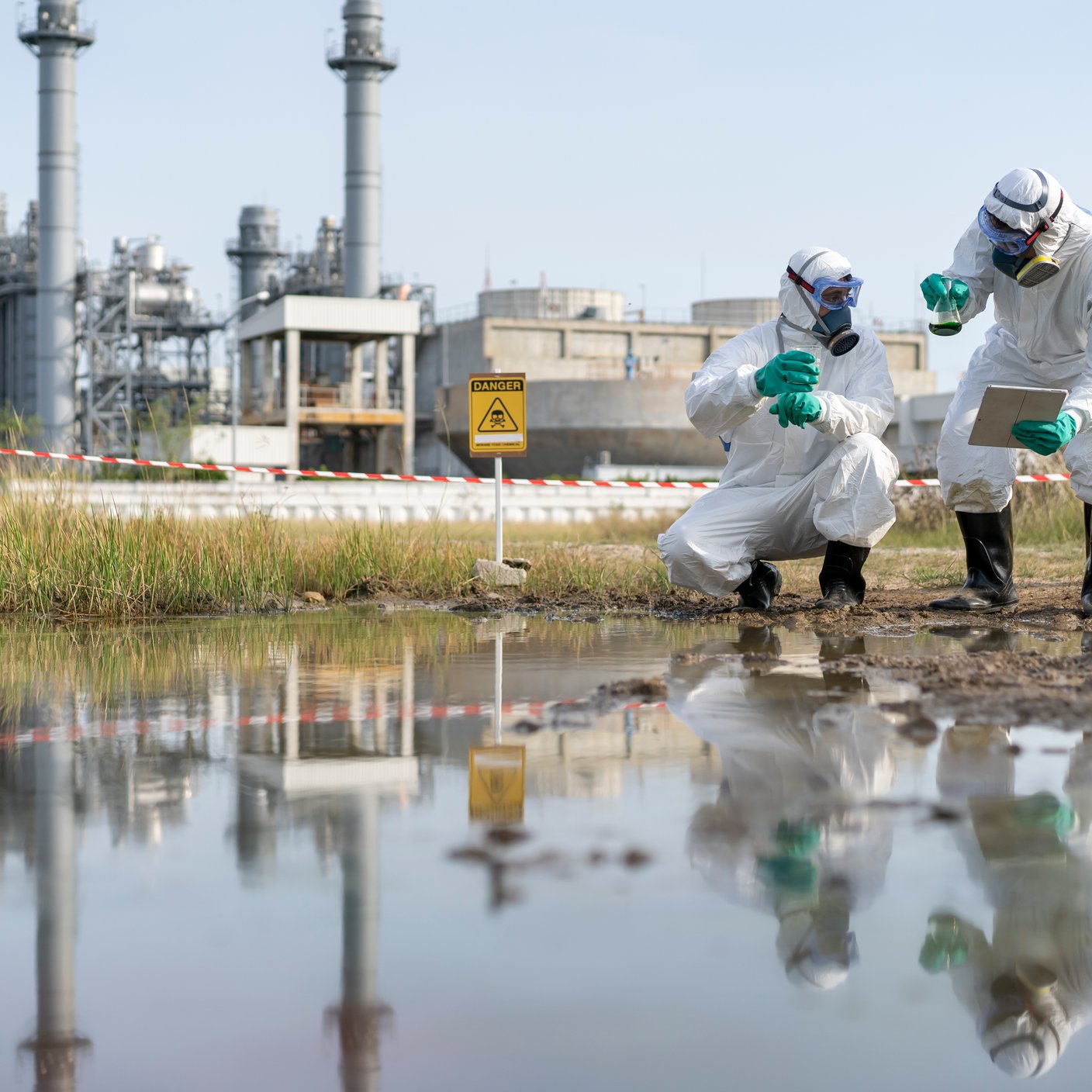 Team of scientists analyzing the water with an instrument